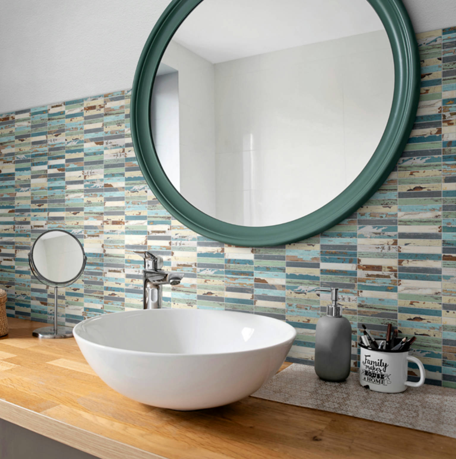 0.7x4 Wood Rectangles Mix Beige/Blue Ceramic Mosaic | Glens Falls Tile & Supplies