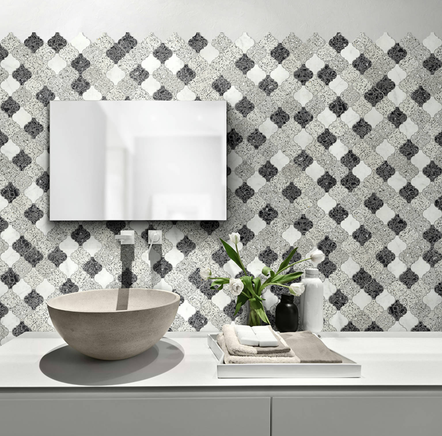 Lantern Terrazzo Marble White, Grey, Black Mix Mosaic | Glens Falls Tile & Supplies