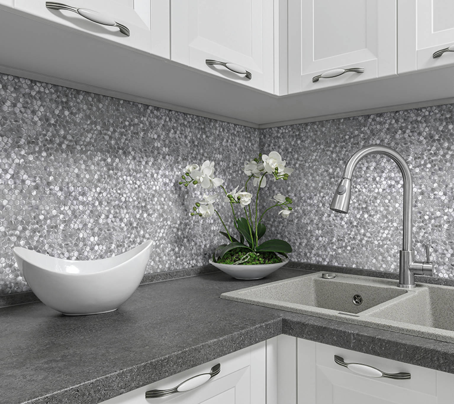 Medium Hexagon Silver Aluminum Mosaic  | Glens Falls Tile & Supplies