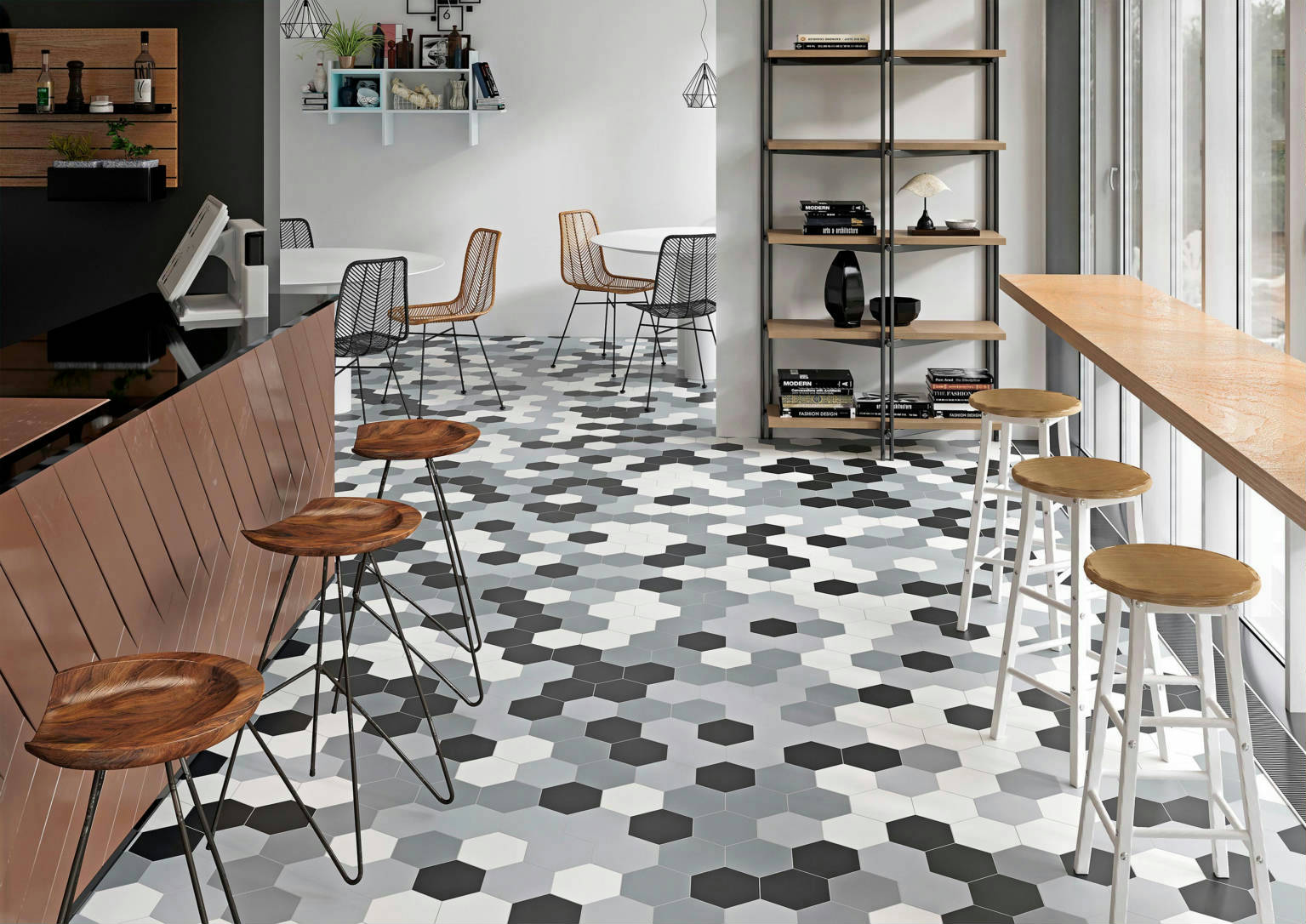 Vida 5.5X6.3” Black, Grey, Pearl, and White  Hexagons | Glens Falls Tile & Supplies