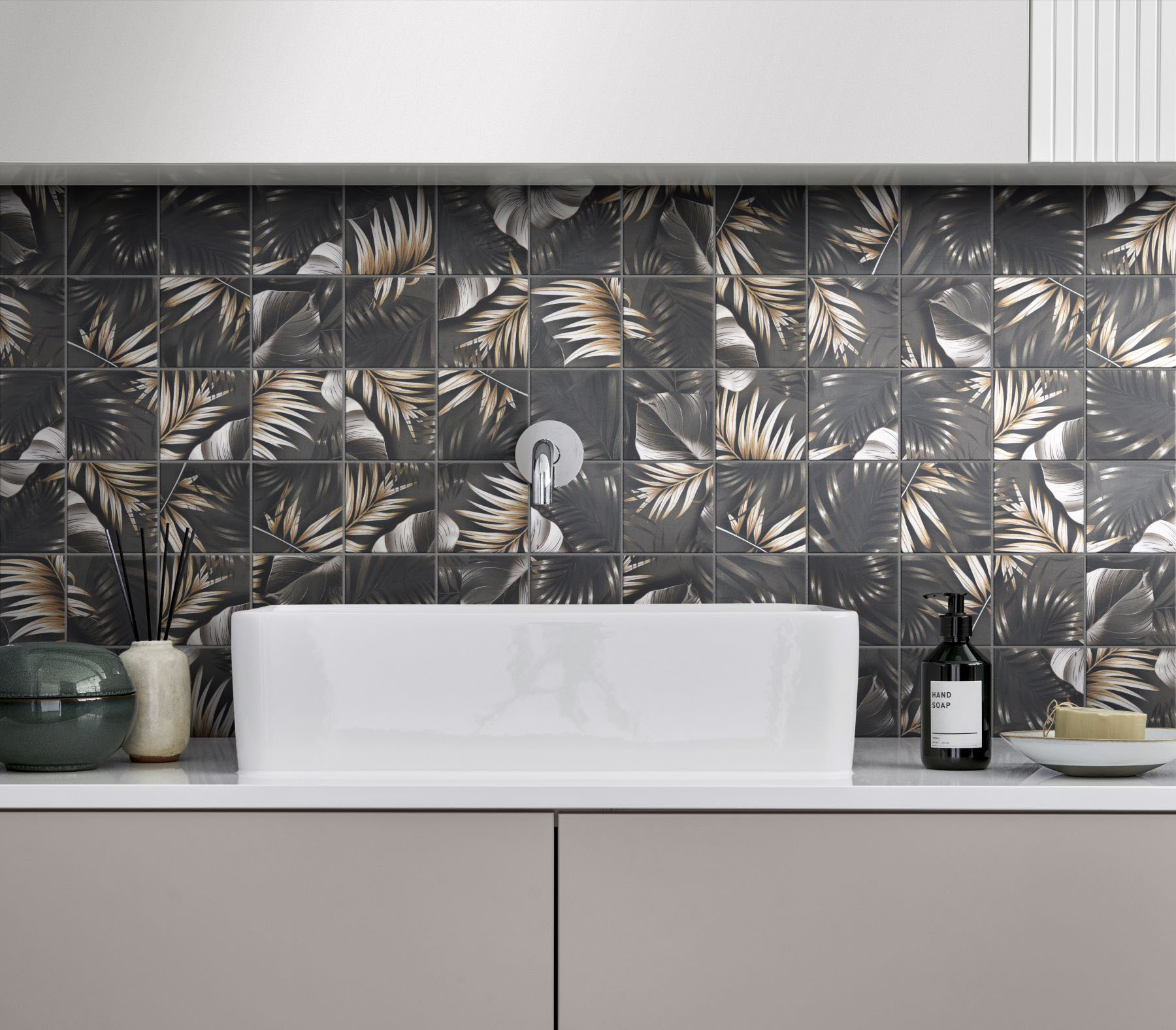 4"x4" Floral Palm Grey Beige Mosaic  | Glens Falls Tile & Supplies