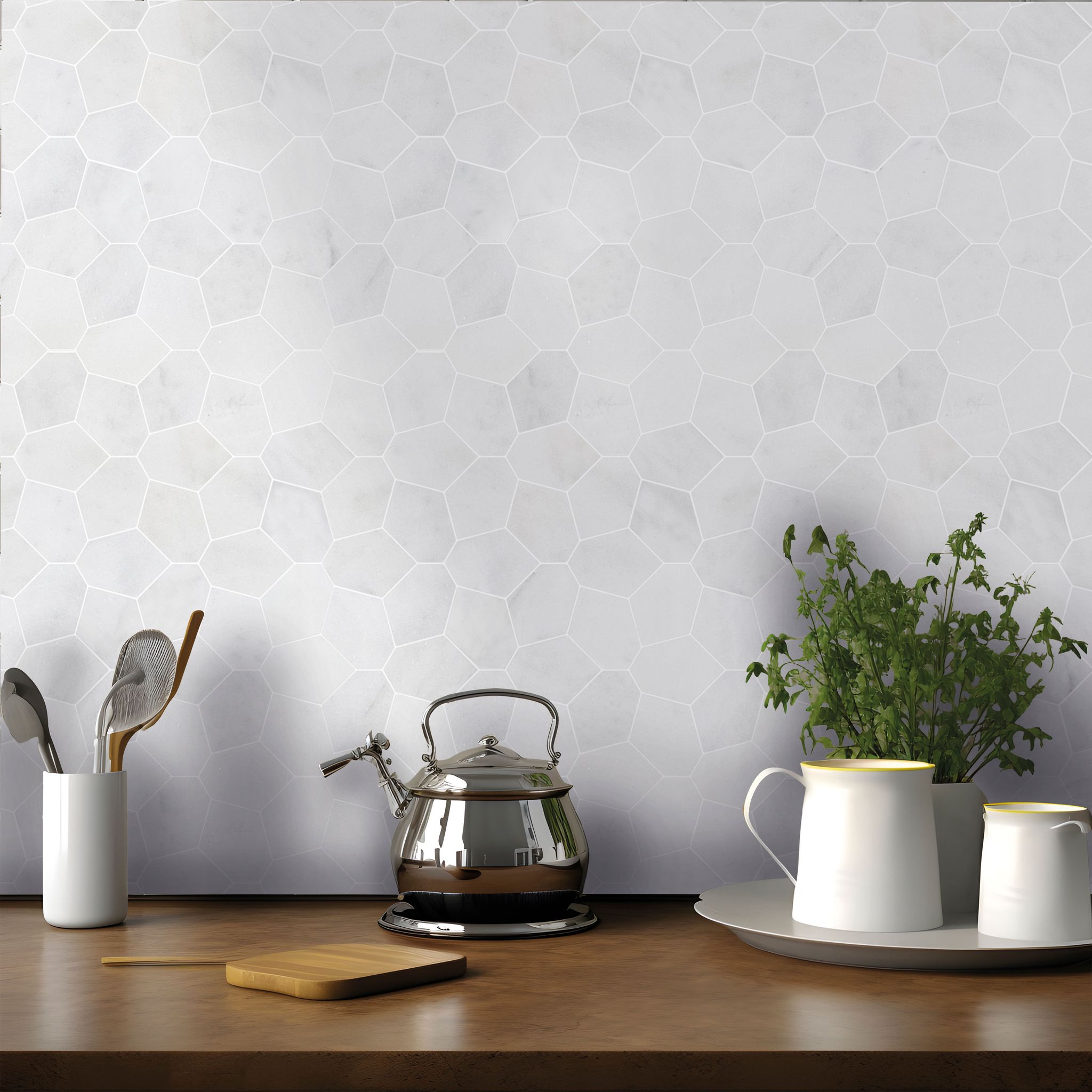 Irregular Hexagon White Grey Marble  | Glens Falls Tile & Supplies